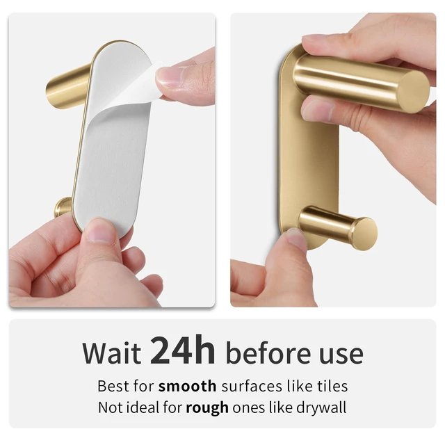 Alt view image 2 of 6 - 24Inch Adhesive Towel Bar with 2 Hooks, No Drill, Brushed Gold