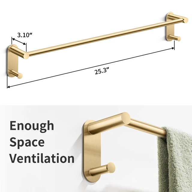 Alt view image 3 of 6 - 24Inch Adhesive Towel Bar with 2 Hooks, No Drill, Brushed Gold