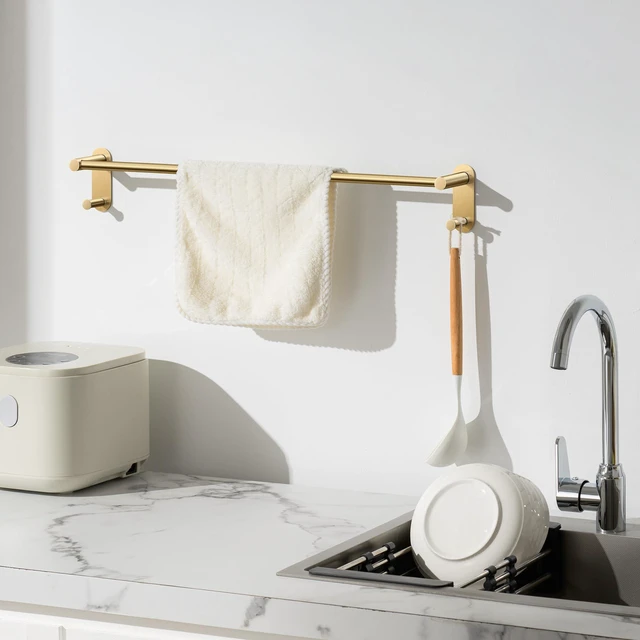 Alt view image 5 of 6 - 24Inch Adhesive Towel Bar with 2 Hooks, No Drill, Brushed Gold