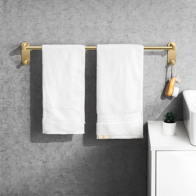 Alt view image 4 of 6 - 24Inch Adhesive Towel Bar with 2 Hooks, No Drill, Brushed Gold