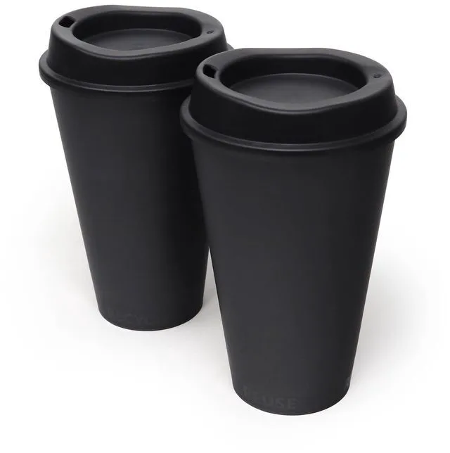 Main image of Rolling Sands 16 oz Reusable Coffee Cups with Lids 2-Pack, Black, USA Made, To Go Travel Cups for Hot or Cold Drinks, Dishwasher and Microwave Safe