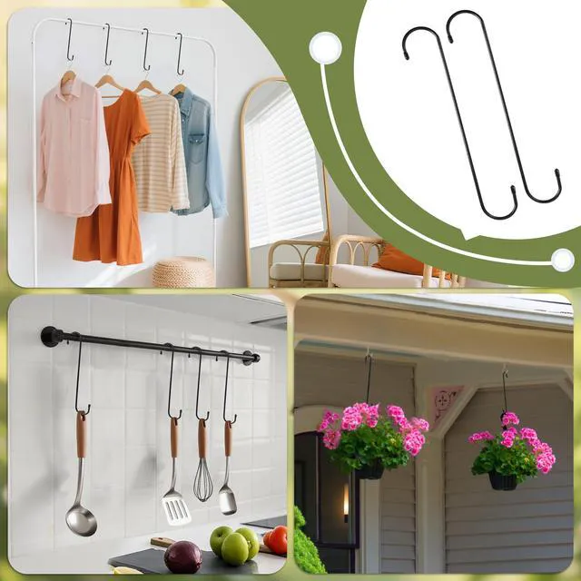 Alt view image 2 of 7 - 12-Inch Heavy Duty Black Metal S Hooks, 2 Pack, for Hanging Plants, Bird Feeder, Bird House, Clothes, Wind Chimes, Flower Basket