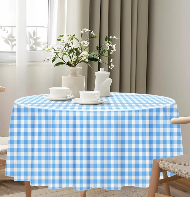 Alt view image 7 of 7 - HEIPINIUYE 2 Pack Blue and White Gingham Plastic Disposable Tablecloth 84 x 84 for Round Tables Party Picnic Camping Birthday