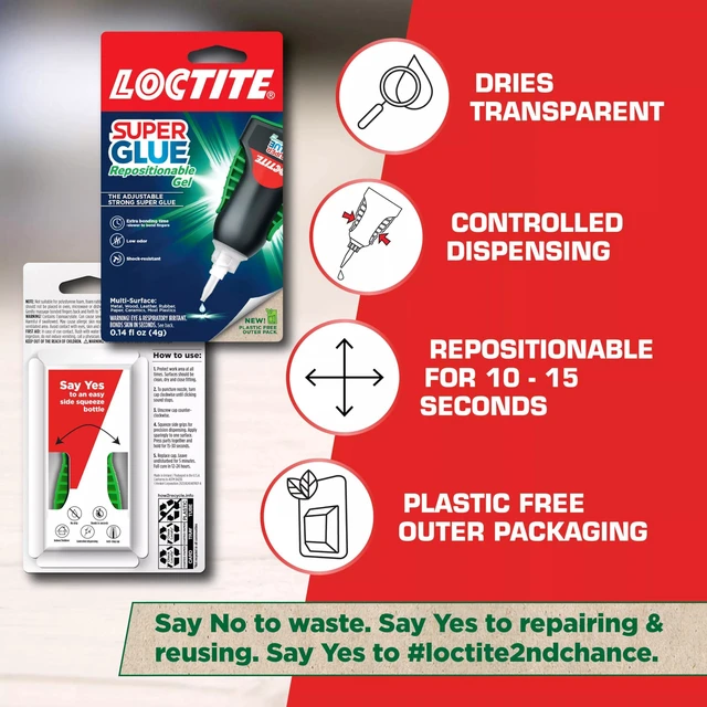 Alt view image 6 of 7 - Loctite Super Glue Repositionable Gel, Clear, 0.14 fl oz, 2 Pack - Cyanoacrylate Adhesive for Plastic, Wood, Metal, Crafts & Repair