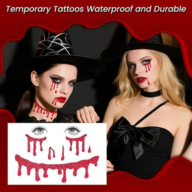 Alt view image 6 of 7 - Glitter Vampire Face Tattoos with Face Gems, Halloween Costume Accessories