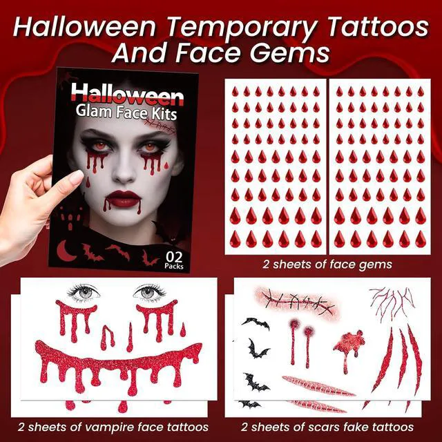 Alt view image 3 of 7 - Glitter Vampire Face Tattoos with Face Gems, Halloween Costume Accessories