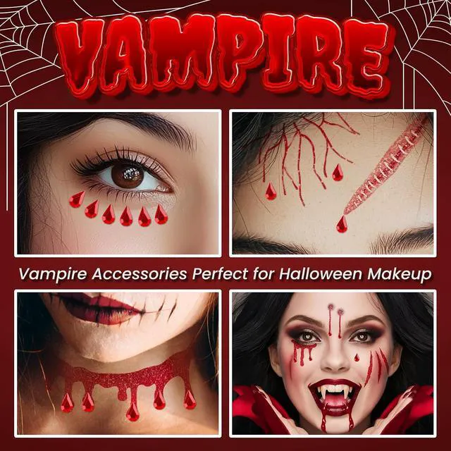 Alt view image 4 of 7 - Glitter Vampire Face Tattoos with Face Gems, Halloween Costume Accessories
