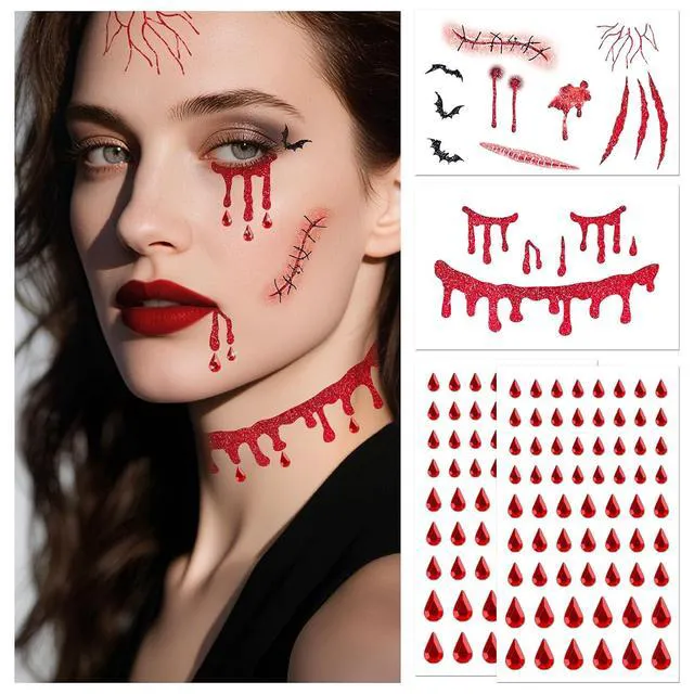 Alt view image 5 of 7 - Glitter Vampire Face Tattoos with Face Gems, Halloween Costume Accessories