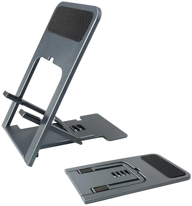 Main image of POQOD Ultrathin Cell Phone Stand for Desk, Fully Foldable Phone Holder Compatible with iPhone 16 15 14 13 12 11, Nintendo Switch, Grey