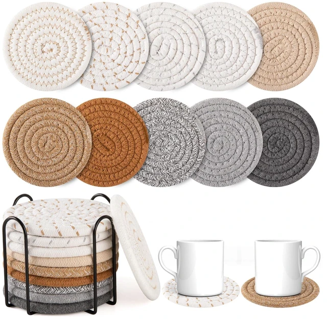 Main image of OIAHOMY 10 Pcs Boho Cotton Woven Drink Coasters with Holder, Absorbent Coaster for Various Cups, Ideal for Coffee Table Home Decor Gift, 4.3 Inches, Mixed Yellow