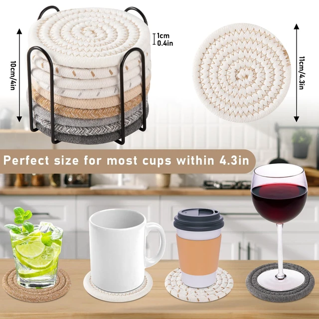 Alt view image 2 of 7 - OIAHOMY 10 Pcs Boho Cotton Woven Drink Coasters with Holder, Absorbent Coaster for Various Cups, Ideal for Coffee Table Home Decor Gift, 4.3 Inches, Mixed Yellow