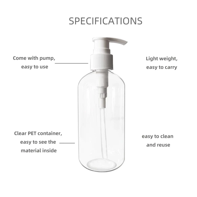 Alt view image 3 of 7 - 2 Pack Empty Plastic Bottles with Pump Dispenser, 8 oz, Clear/White, Refillable Containers for Body Wash, Moisturizer, Face Cream, Liquid Soap