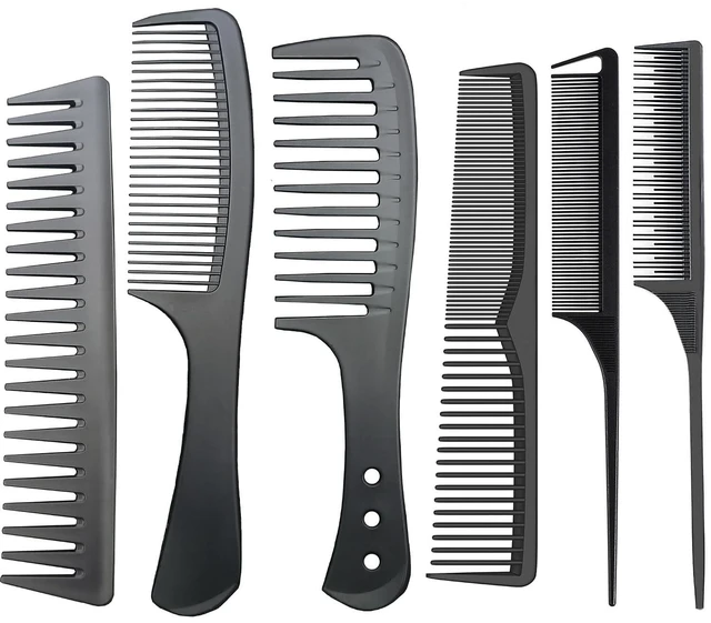 Main image of Professional Carbon Fiber Anti-Static Heat Resistant Comb Set - 6 Piece Black Fine and Wide Tooth Combs for Men and Women, Parting Teasing Hair Styling