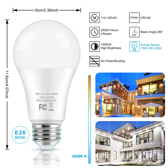 Alt view image 3 of 6 - A19 LED Light Bulbs, 100W Equivalent, 13W, 5000K Daylight White, 1500Lumens, Non-Dimmable, E26 Medium Screw, 4-Pack