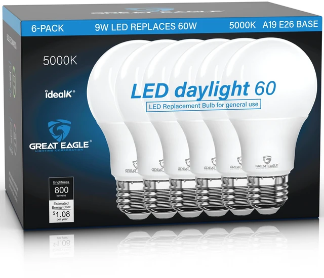 Main image of Great Eagle Lighting LED Light Bulb, 60W Equivalent, Daylight 5000K, E26 A19, 800 Lumens, Non-Dimmable, 120V, 6-Pack