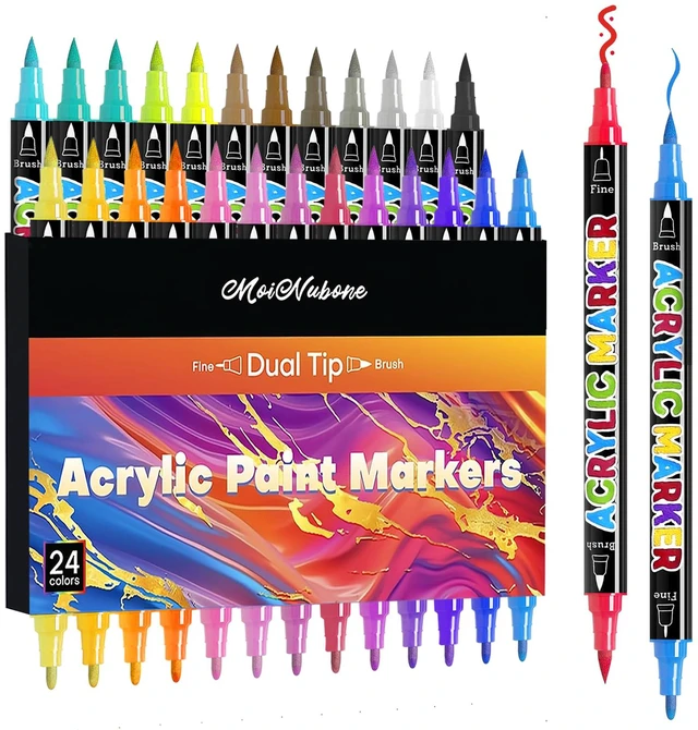 Main image of 24 Colors Dual Tip Acrylic Paint Markers, Premium Acrylic Marker Paint Pens for Rock Painting, Canvas, Stone, Wood, Glass, Coloring, Easter Basket Stuffers, DIY Crafts &