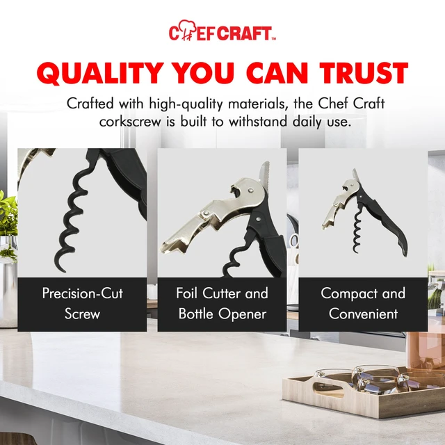 Alt view image 2 of 7 - Chef Craft Select Waiters Corkscrew with Foil Cutter and Bottle Opener, 5in, Stainless Steel/Black