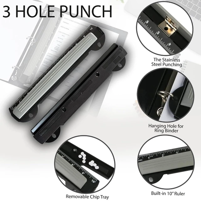 Alt view image 4 of 7 - Performore 3-Hole Punch, 5-Sheet Capacity, Built-in 10" Ruler, Portable for Office & School Supplies
