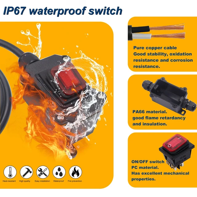 Alt view image 4 of 6 - Weideer IP67 Waterproof Inline Cord Switch with On/Off, 4FT 18AWG Extension Cord, Piggyback Plug 3-Pronged, Red LED, 20A 125V/16A 250V AC/DC Power Switch