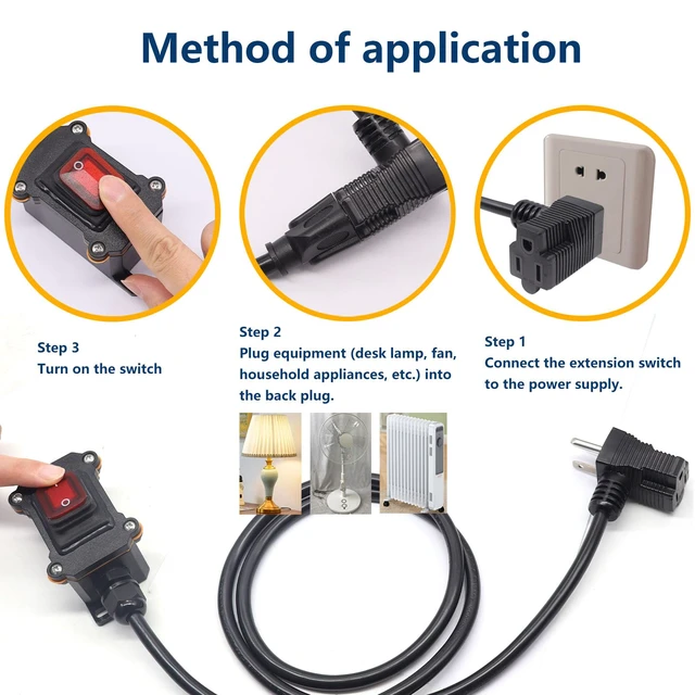 Alt view image 5 of 6 - Weideer IP67 Waterproof Inline Cord Switch with On/Off, 4FT 18AWG Extension Cord, Piggyback Plug 3-Pronged, Red LED, 20A 125V/16A 250V AC/DC Power Switch