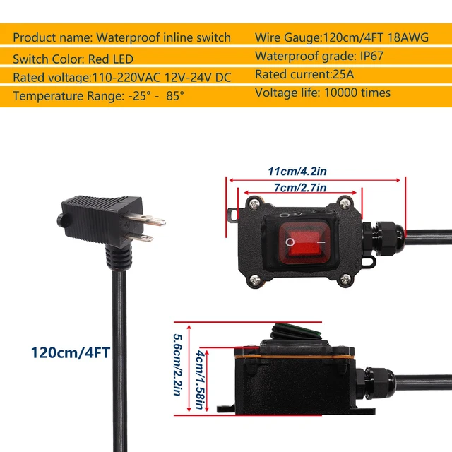 Alt view image 2 of 6 - Weideer IP67 Waterproof Inline Cord Switch with On/Off, 4FT 18AWG Extension Cord, Piggyback Plug 3-Pronged, Red LED, 20A 125V/16A 250V AC/DC Power Switch