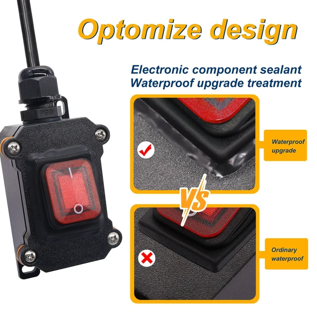 Alt view image 3 of 6 - Weideer IP67 Waterproof Inline Cord Switch with On/Off, 4FT 18AWG Extension Cord, Piggyback Plug 3-Pronged, Red LED, 20A 125V/16A 250V AC/DC Power Switch