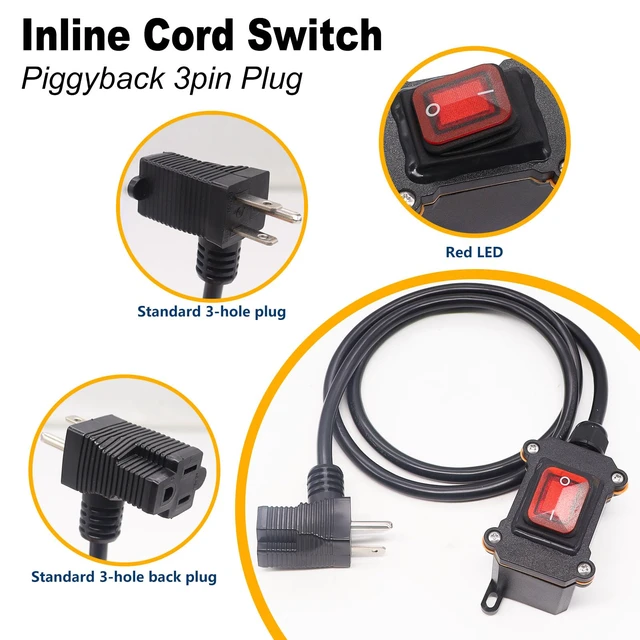 Alt view image 6 of 6 - Weideer IP67 Waterproof Inline Cord Switch with On/Off, 4FT 18AWG Extension Cord, Piggyback Plug 3-Pronged, Red LED, 20A 125V/16A 250V AC/DC Power Switch