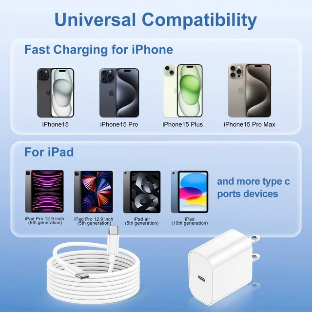 Alt view image 2 of 6 - 20W USB-C Fast Charger with 10ft Type C to C Cable for iPhone 17 Pro Max/17 Air/16 Pro/16 Plus/15 Pro/15 Mini, iPad, AirPods
