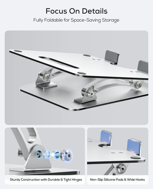 Alt view image 5 of 6 - Nulaxy Ergonomic Adjustable Laptop Stand with Advanced Heat-Vent, Heavy-Duty, Dual Foldable, for Mac 10-16" Laptops