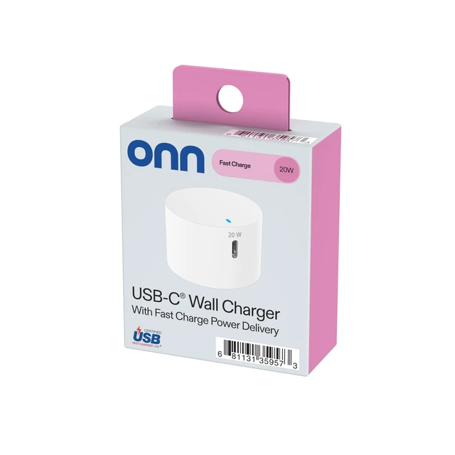 Alt view image 2 of 6 - Onn 20W Single USB-C Wall Charger, Fast Charging, USB-IF Certified, Foldable Plug, White, for iPhone 17/16/15 Series, Samsung Galaxy, Pixel, iPad Pro & More