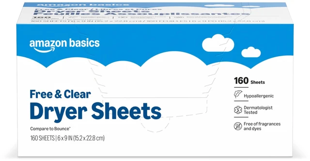 Main image of Amazon Basics Dryer Sheets Fabric Softener, Free & Clear, Hypoallergenic, Fragrance-Free, Dermatologist Tested, 160 Count