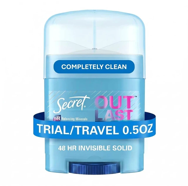 Main image of Secret Outlast Antiperspirant Deodorant for Women, 72hr Sweat & Odor Protection, PH Balancing Minerals, Invisible Solid, Completely Clean Scent, Travel Size, 0.5 oz