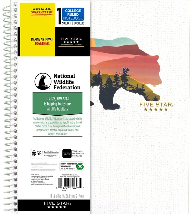 Main image of Five Star National Wildlife Federation 1 Subject College Ruled Spiral Notebook, 11" x 8.5", 80 Sheets, Study App, Forest Bear, 1 Count (820088FM)