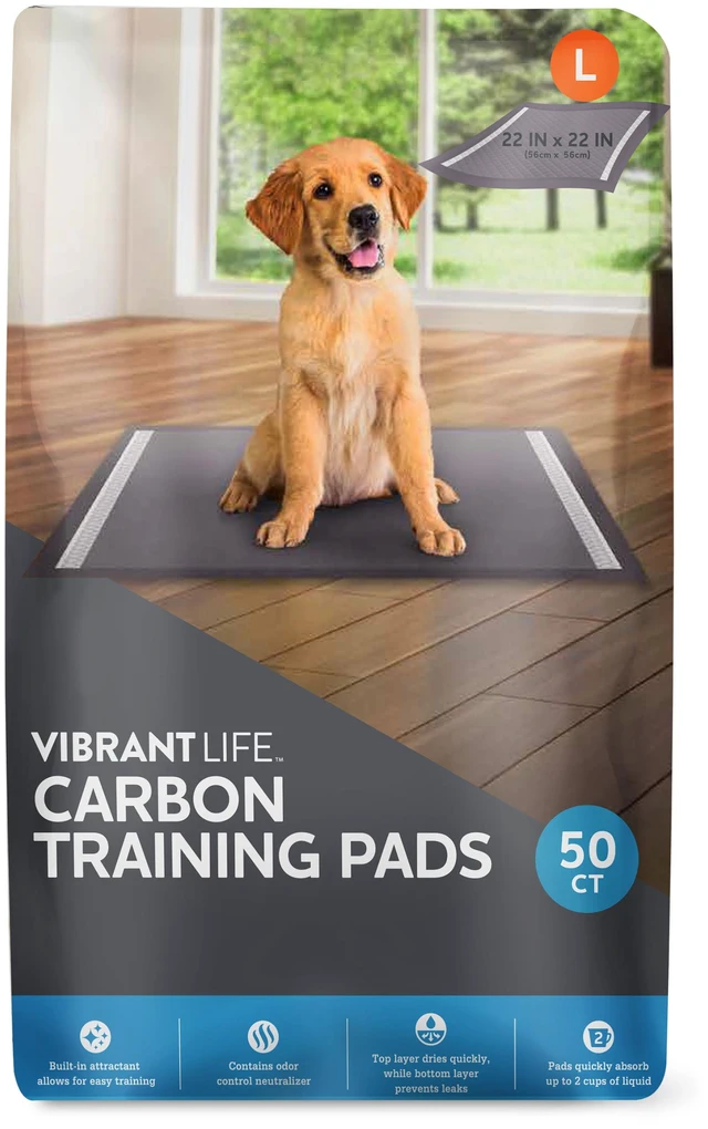 Main image of Vibrant Life Charcoal Large Training Pads, Odor Control, Super Absorbent, Leak Proof, Fast Dry for Dog and Puppy, 22in x 22in, 50 Count