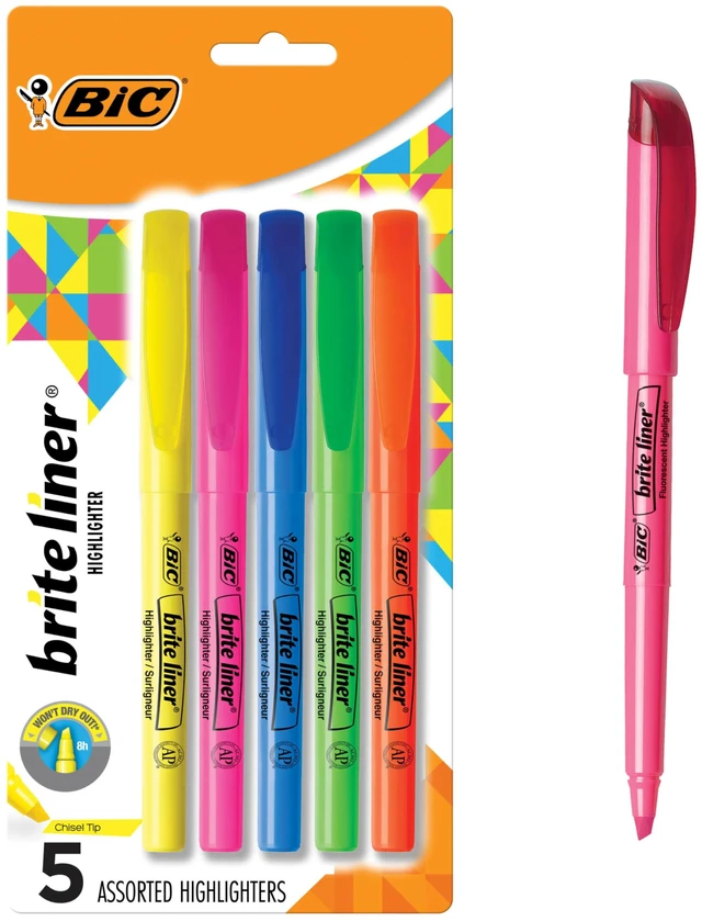Main image of BIC Brite Liner Highlighters, Chisel Tip, 5-Count Pack, Assorted Colors