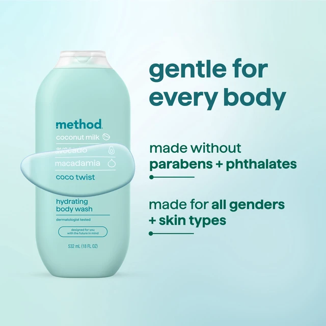 Alt view image 6 of 6 - Method Coco Twist Body Wash, 18 fl oz, Leaves Skin Soft and Moisturized, Made Without Parabens, Notes of Coconut Milk, Avocado & Macadamia