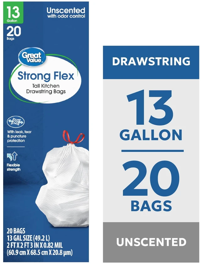 Main image of Great Value 13gal Strong Flex Tall Kitchen Drawstring Bags, Unscented, 20 Bags