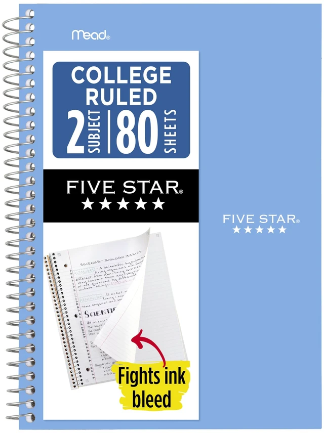 Main image of Five Star Spiral Notebook, 2 Subject, College Ruled Paper, 6" x 9.5", 80 Sheets, Blue (840029CG1)