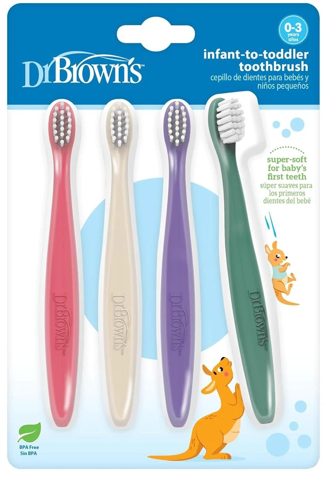 Main image of Dr. Brown's Infant-to-Toddler Toothbrush Set, Soft & Gentle Manual Toothbrushes for Baby, Pink/Ecru/Purple/Dark Green, BPA Free, 0-3 Years 4-Pack