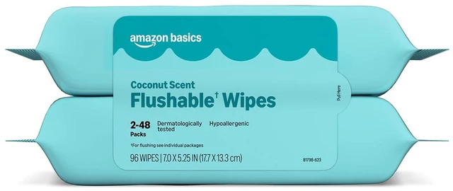 Main image of Amazon Basics Flushable Wipes, Coconut Scent, Hypoallergenic, Dermatologically Tested, 2 Packs of 48 (96 Count)