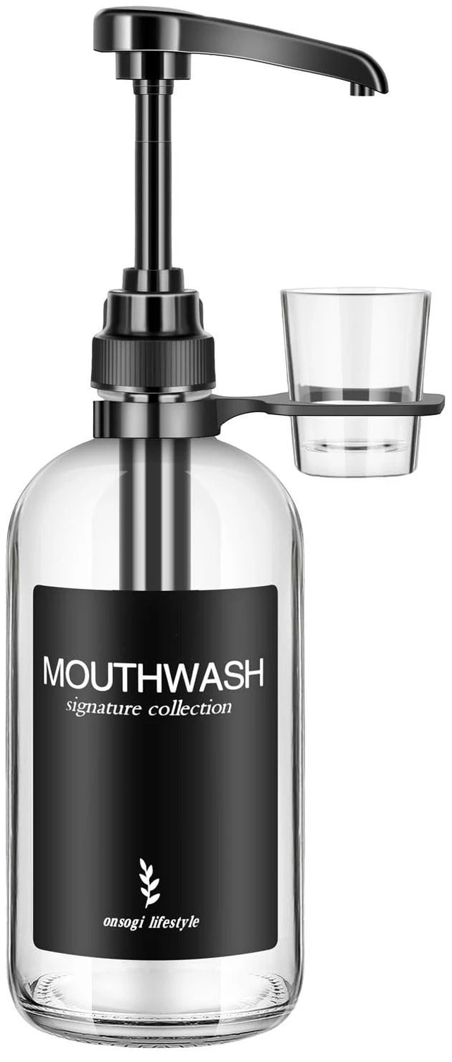 Main image of Clear Glass Mouthwash Dispenser with Black Cup Holder and Pump, 16 Oz Rustic Boho Mouthwash Dispenser for Bathroom Farmhouse Decor - 1 Pack