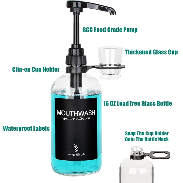 Alt view image 5 of 7 - Clear Glass Mouthwash Dispenser with Black Cup Holder and Pump, 16 Oz Rustic Boho Mouthwash Dispenser for Bathroom Farmhouse Decor - 1 Pack