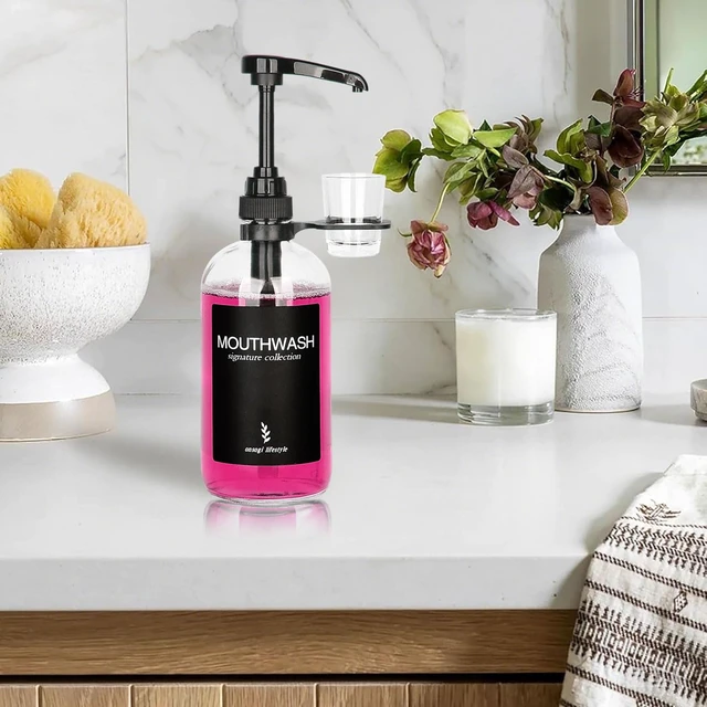 Alt view image 4 of 7 - Clear Glass Mouthwash Dispenser with Black Cup Holder and Pump, 16 Oz Rustic Boho Mouthwash Dispenser for Bathroom Farmhouse Decor - 1 Pack