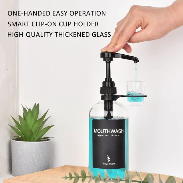 Alt view image 3 of 7 - Clear Glass Mouthwash Dispenser with Black Cup Holder and Pump, 16 Oz Rustic Boho Mouthwash Dispenser for Bathroom Farmhouse Decor - 1 Pack