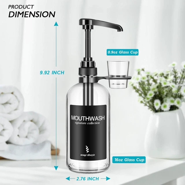 Alt view image 6 of 7 - Clear Glass Mouthwash Dispenser with Black Cup Holder and Pump, 16 Oz Rustic Boho Mouthwash Dispenser for Bathroom Farmhouse Decor - 1 Pack