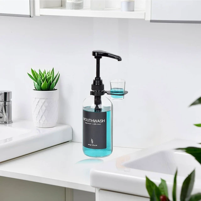 Alt view image 2 of 7 - Clear Glass Mouthwash Dispenser with Black Cup Holder and Pump, 16 Oz Rustic Boho Mouthwash Dispenser for Bathroom Farmhouse Decor - 1 Pack