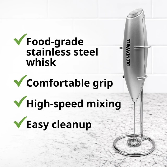 Alt view image 6 of 6 - BlendWell Electric Milk Frother for Matcha and Coffee, Handheld Battery Operated Drink Mixer with Stand, Stainless Steel Whisk, Silver