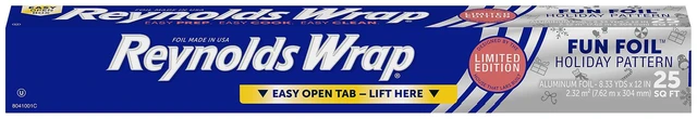 Main image of Reynolds Wrap Fun Foil, Embossed Aluminum Foil Roll, Features a Limited-Edition Holiday Pattern for Wrapping Food Gifts and Covering Holiday Dishes, 8.33 Yards X 12 Inches, 25 Sq. Ft.