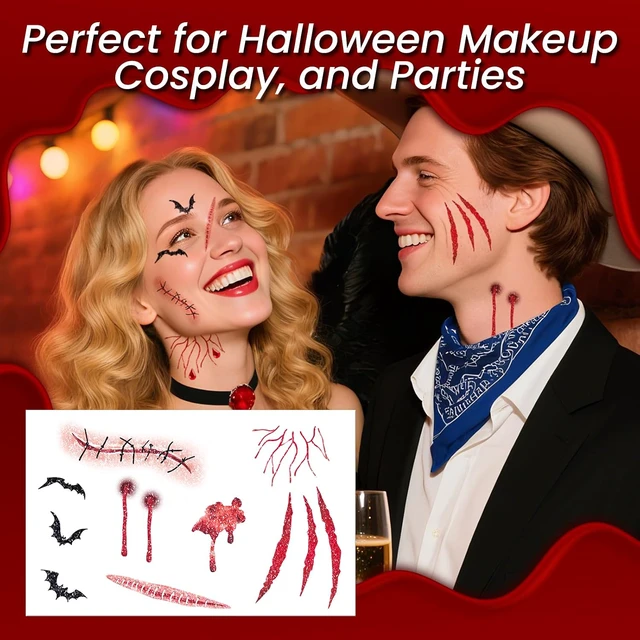 Alt view image 2 of 7 - Glitter Vampire Face Tattoos with Face Gems, Halloween Costumes Accessories