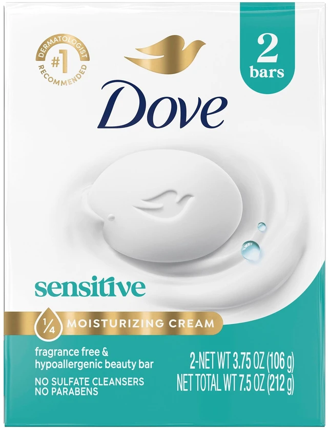 Main image of Dove Beauty Bar Soap for Sensitive Skin, Fragrance Free and Hypoallergenic, 3.75oz, 2 Bars